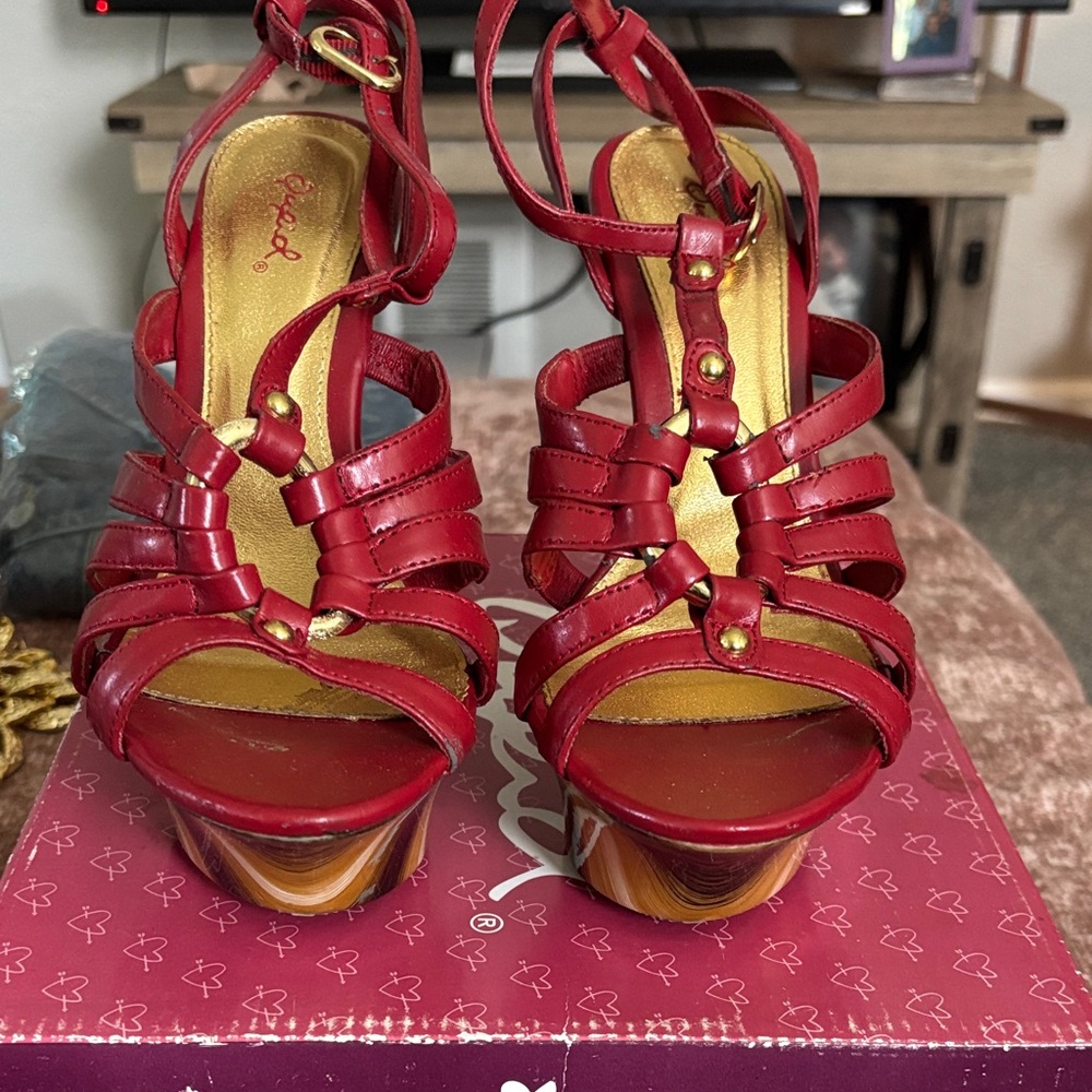Qupid Red Strappy Platform Heels
